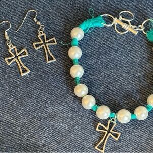 Upcycled Teal Blue and Pearls Silver Cross Jewelry Set